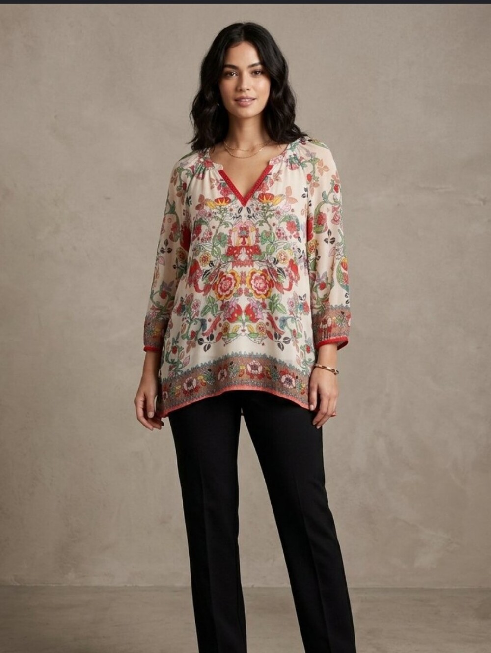 Bila Cream Floral V-Neck Boho Tunic with Red Trim